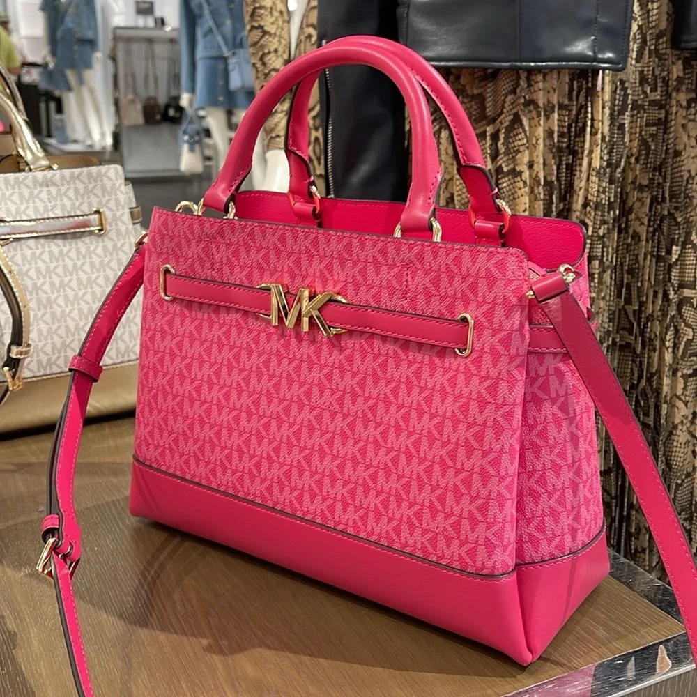 MICHAEL KORS  Reed Large Graphic Logo Belted Satchel Electric Pink  NWT